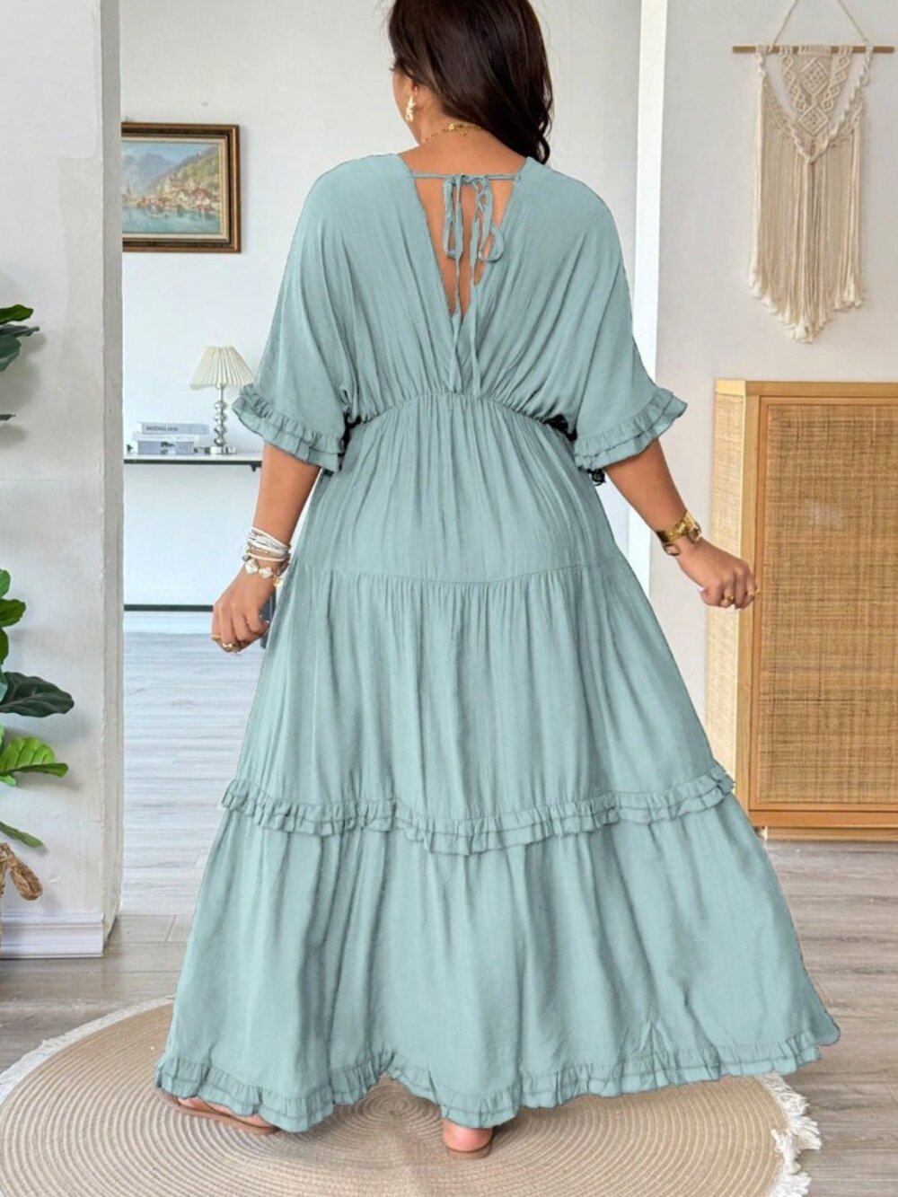 Blue Casual Women's Plus Size French Style Romantic Ruffle Trim Dress - Picture 2 of 7